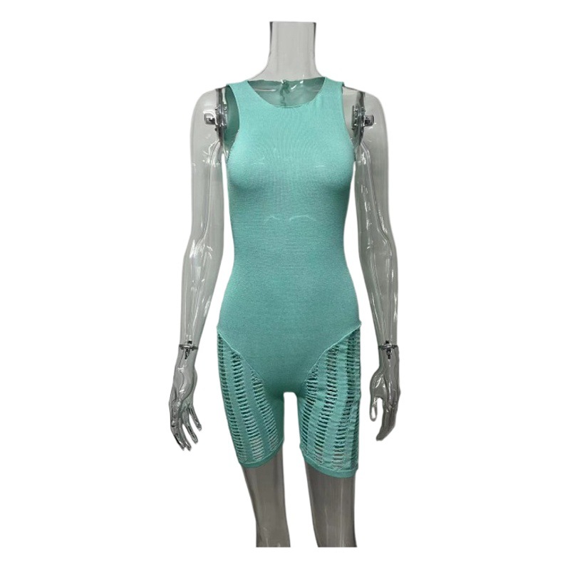 2025 European and American Cross-Border Knitted Jumpsuit Women's Pure Color Sexy Suspender Cut Out Slim Backless Jumpsuit for Women