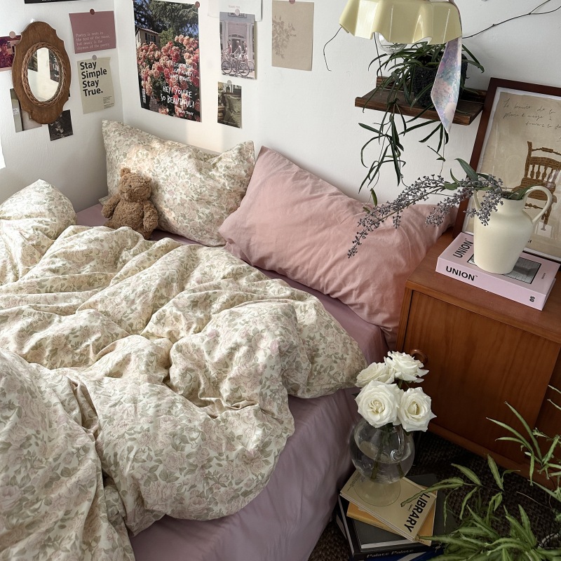 Picture of Small fresh pastoral style cotton bed four-piece set cotton bed sheet quilt cover quilt cover bed hat dormitory three-piece set