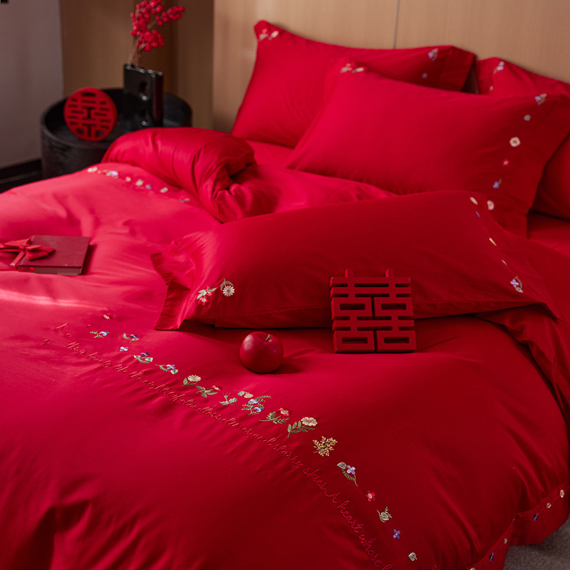 Flowers bloom and tie wedding class a 60 cotton embroidery red four-piece wedding room bed wedding cotton quilt cover