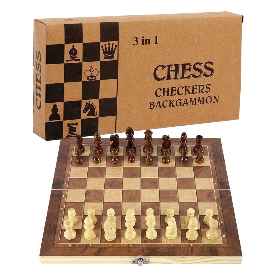 Chess Wooden Foldable 3-in -1 Chess Natural Log Paint with Fine Workmanship