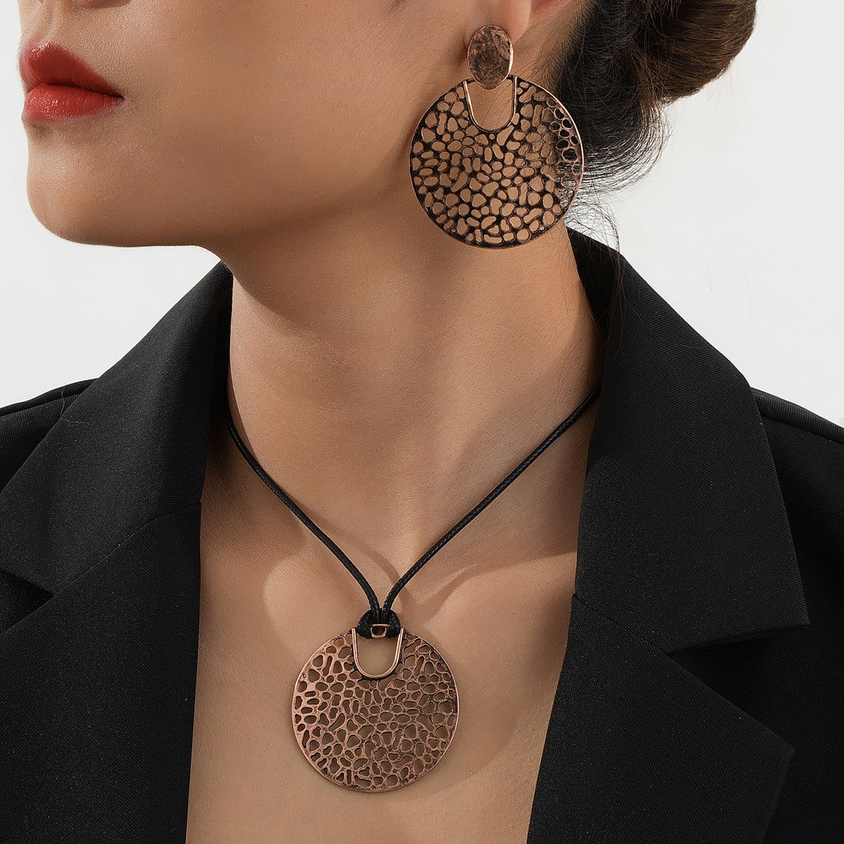 European and American Cross-border Geometric Retro Round Earring Necklace suit Antique Bronze Fashion
