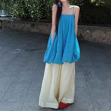 Sweet Style Design Blue Flower Bud Camisole Women's Summer Loose Casual Pants Wide Leg Pants Korean Two-Piece Set