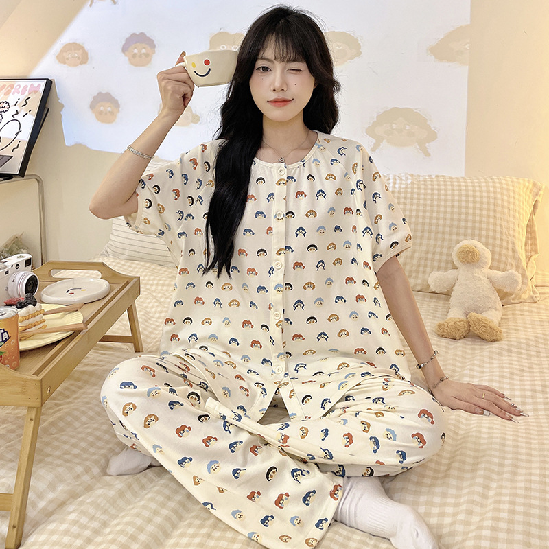 Ins Style Pajamas Women's Summer New Arrival Stylish Cotton Short-Sleeved Trousers Two-Piece Suit Outer-Wearing Cartoon Home Clothes