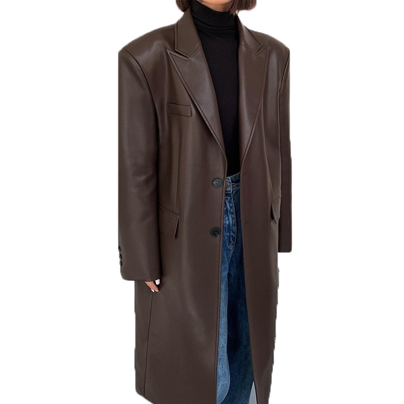 Picture of Long over-the-knee pu leather coat for women 2024 spring and autumn fashion all-matching loose slimming casual windbreaker fashion