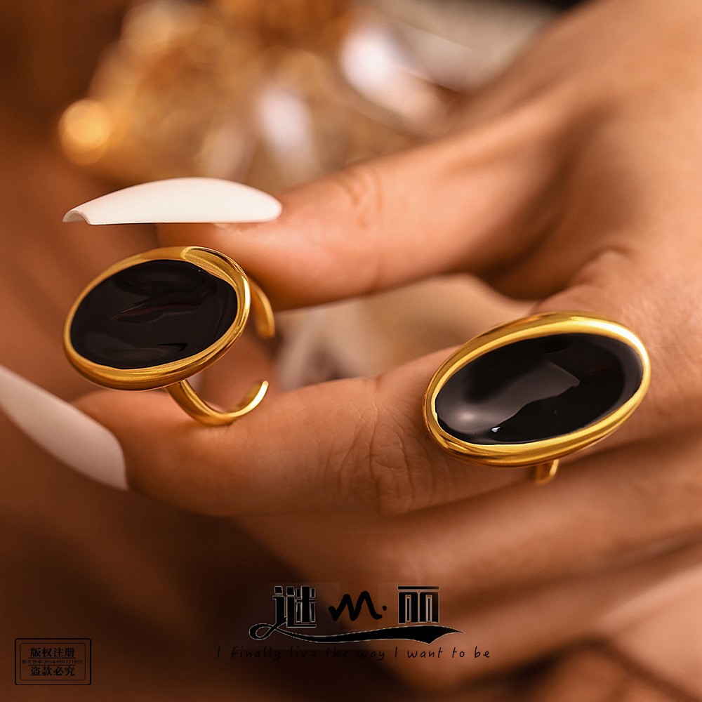 Mystery Ins Oval Open Ring French Light Luxury Dripping Heavy Industry Cast Stainless Steel PVD Plated True Gold Color Preservation