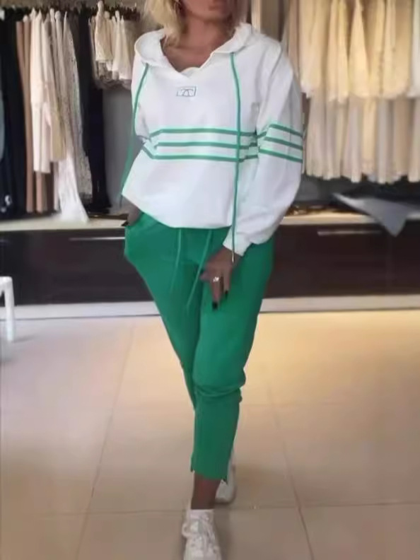 2025 Spring and Autumn New Independent Station Fashion Color Block Hooded Long Sleeve Sweatshirt Casual Pants Sports Two-Piece Suit for Women