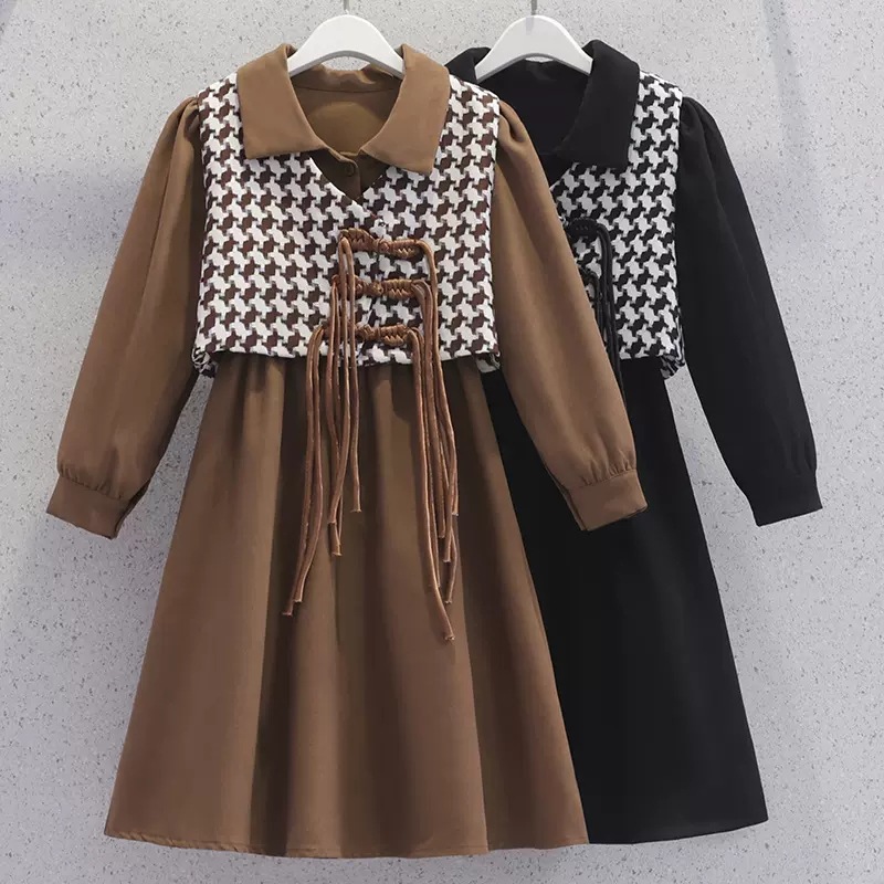 Girls' dress autumn new children's Korean-style houndstooth vest shirt dress children's clothing girls' spring and autumn two-piece suit