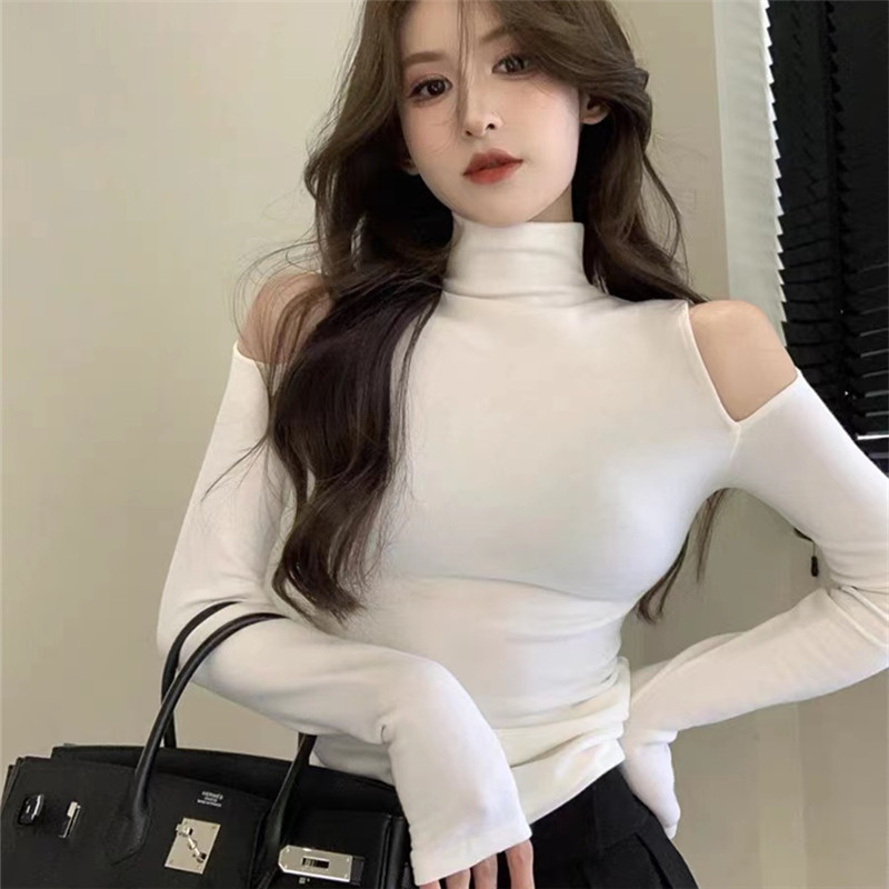 Half Turtleneck Bottoming Shirt for Women Autumn and Winter 2025 New Sexy Design Off-Shoulder Cut Out Inner Long-Sleeved Warm Top