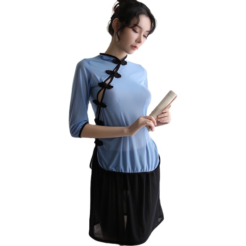 Sexy Lingerie Large Size See-Through Sexy Temptation Cheongsam Qqny Women's Uniform Pure Desire Large Size Pajamas Passion Shirt