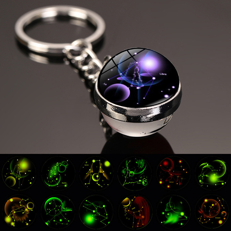 Twelve constellation starry sky luminous keychain Time Gem luminous glass ball pendant ornaments metal key chain