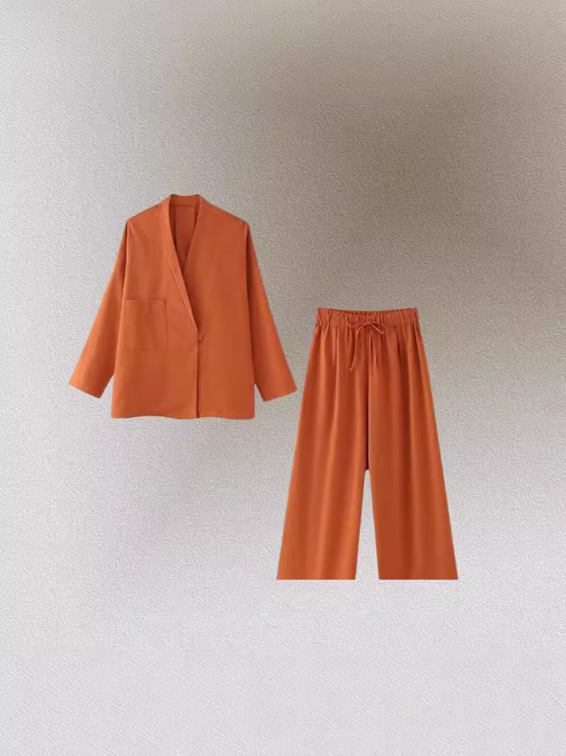 Picture of European and American Cross-border Amazon 2024 Spring Fashion Temperament Button Suit Jacket Linen Loose Pants Women's Suit