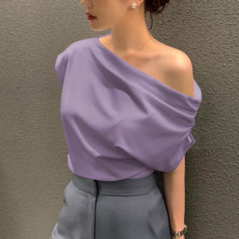 Picture of South Korea Chic Top Summer New Niche Irregular Slant Shoulder Design Sense Loose Solid Color Pullover Short-sleeved T-shirt