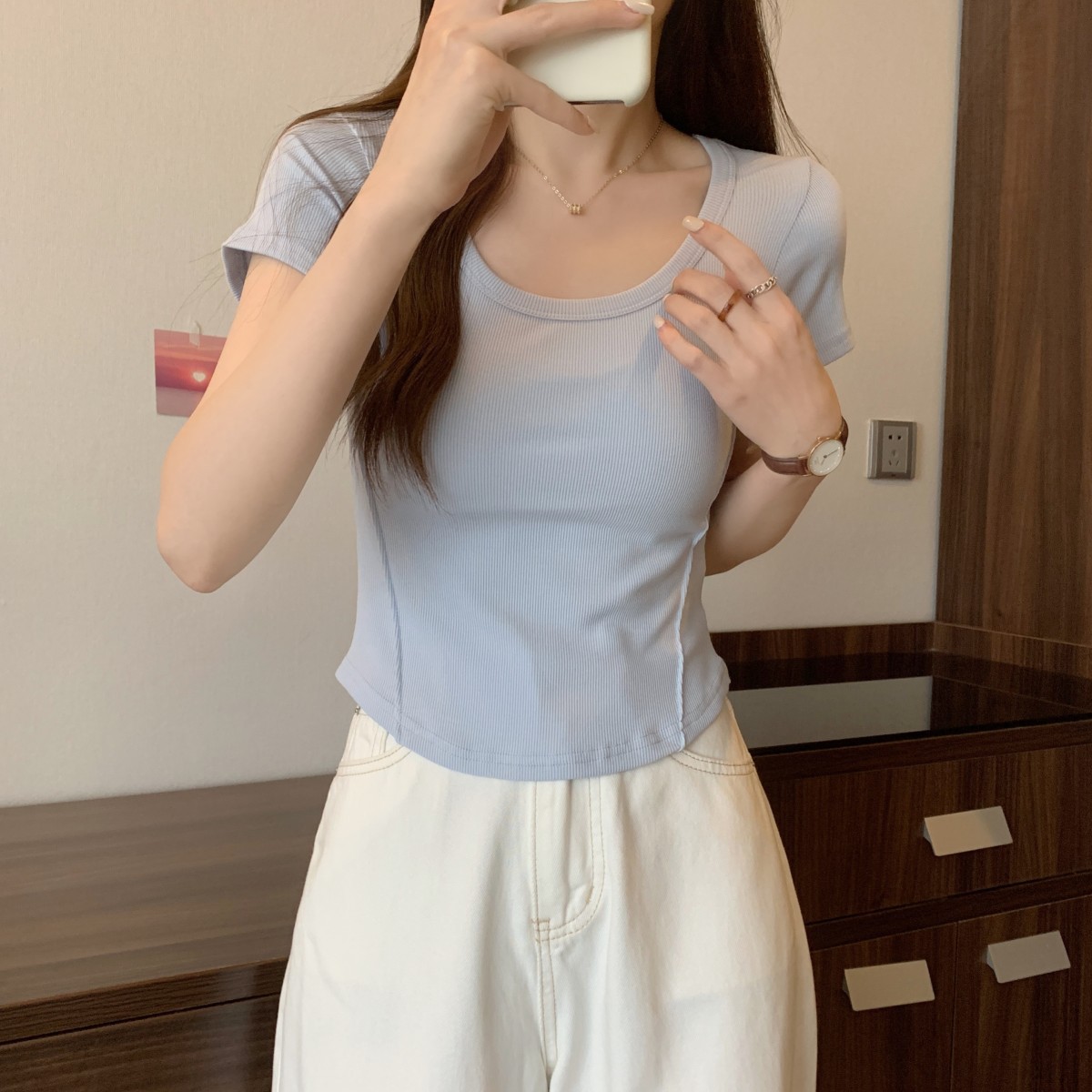 Picture of Irregular U-neck Short-sleeved T-shirt Women's 2025 Summer New Korean Style Slim-fit High Waist Short Student Solid Color Trendy Top
