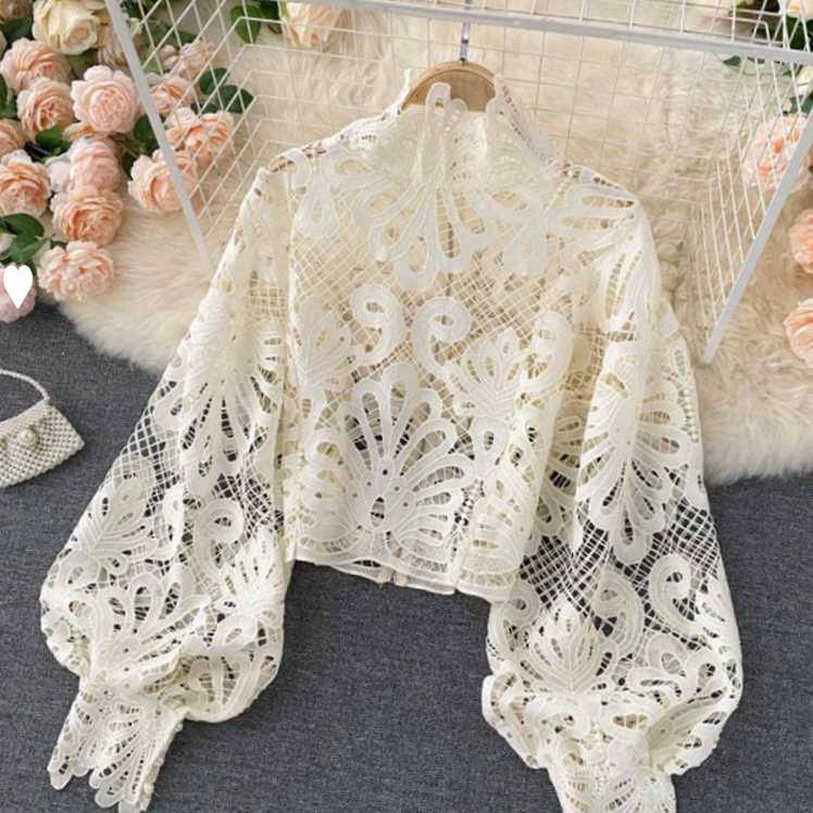 Picture of 2023 Design Sense Lace Hollow Autumn Top Standing Collar Bubble Sleeve Loose Sexy Short Shirt