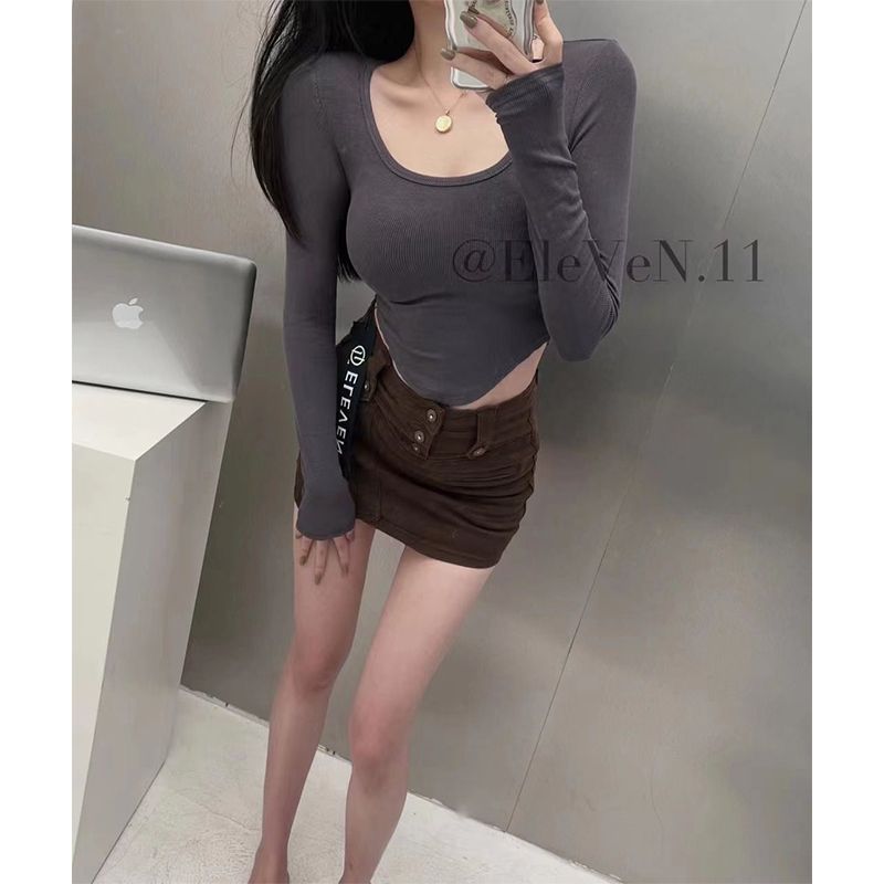 Picture of Pure hot girl round neck shoulder long-sleeved T-shirt women's irregular spring and autumn short top design slimming bottoming shirt