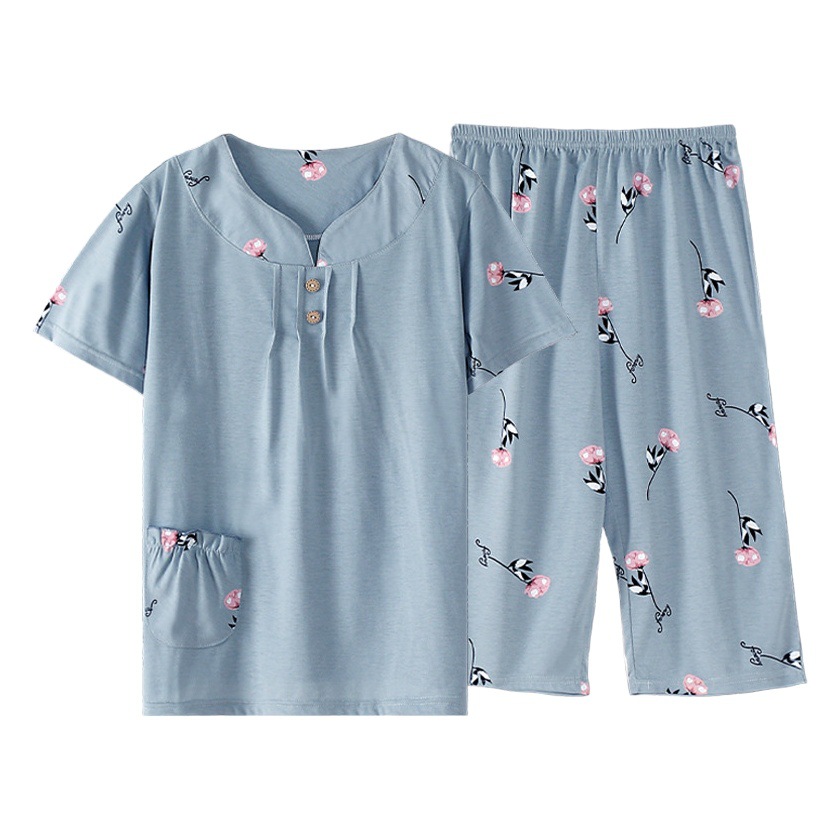 Wearing Pajamas Women's Summer Cotton Short-sleeved Capri Pants for Middle-aged and Elderly Mothers Loose Plus Size Home Clothes suit