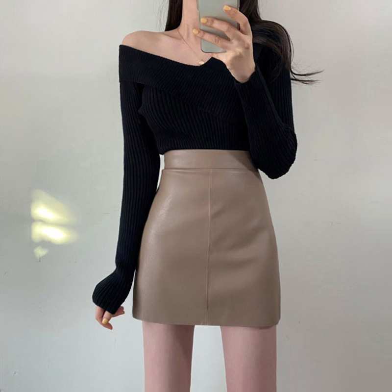 PU Leather Skirt Women's 2023 Autumn and Winter New Black Petite A- Line Skirt High Waist Slimming Elegant Hip Skirt