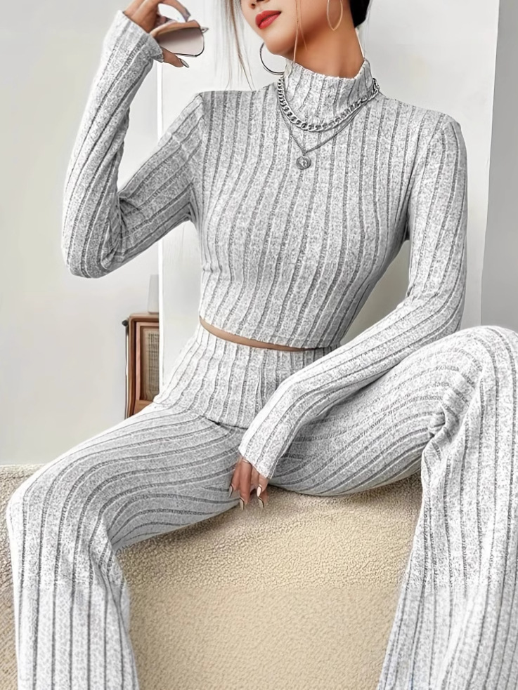 Autumn and winter Europe and the United States cross-border striped sanding tight high collar long sleeve short sweater tight horn trousers two-piece set