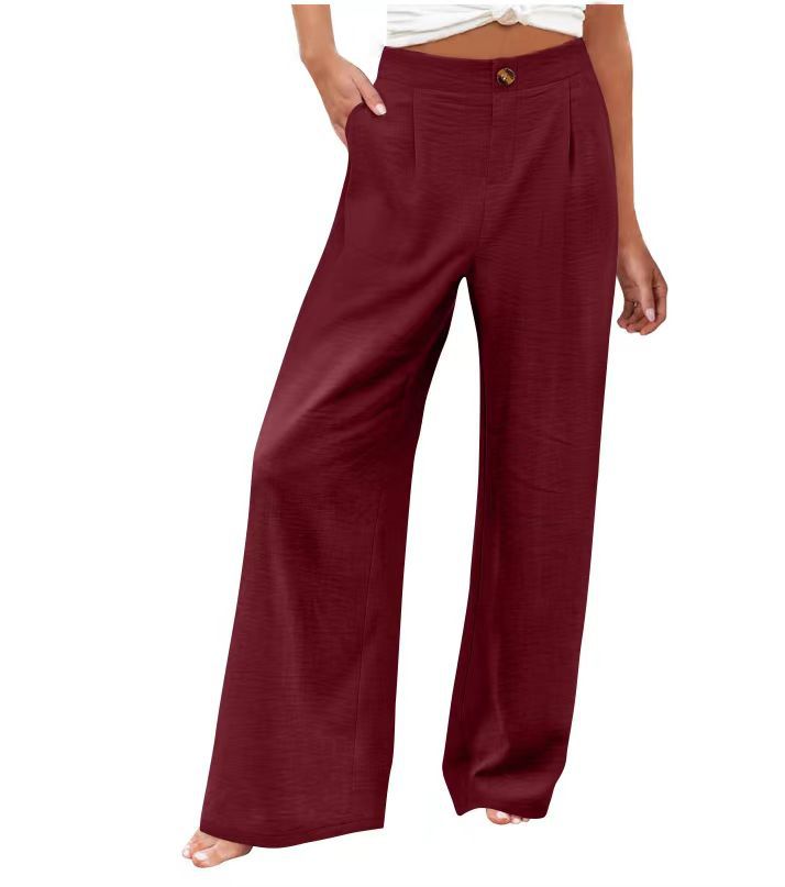 Picture of 2025 Cross-Border Amazon European and American Summer Plaid High Waist Trousers Button Elastic Waist Wide Leg Pants Women's Casual Straight-Leg Pants