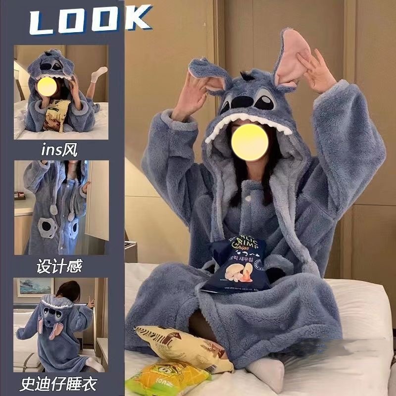 Pajamas autumn and winter women's coral fleece fleece-lined thickened stitch bathrobe couple winter long cute men's nightgown