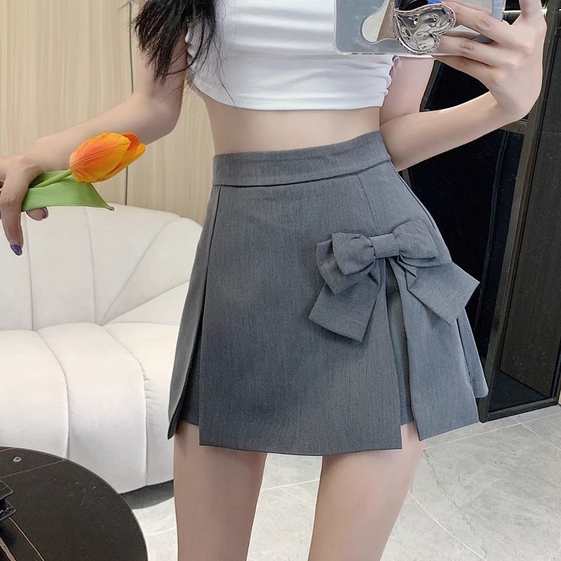 Bow design niche pleated skirt, suit skirt, women's midi skirt, summer 2025 skirt pants, high-waisted short skirt, A-line