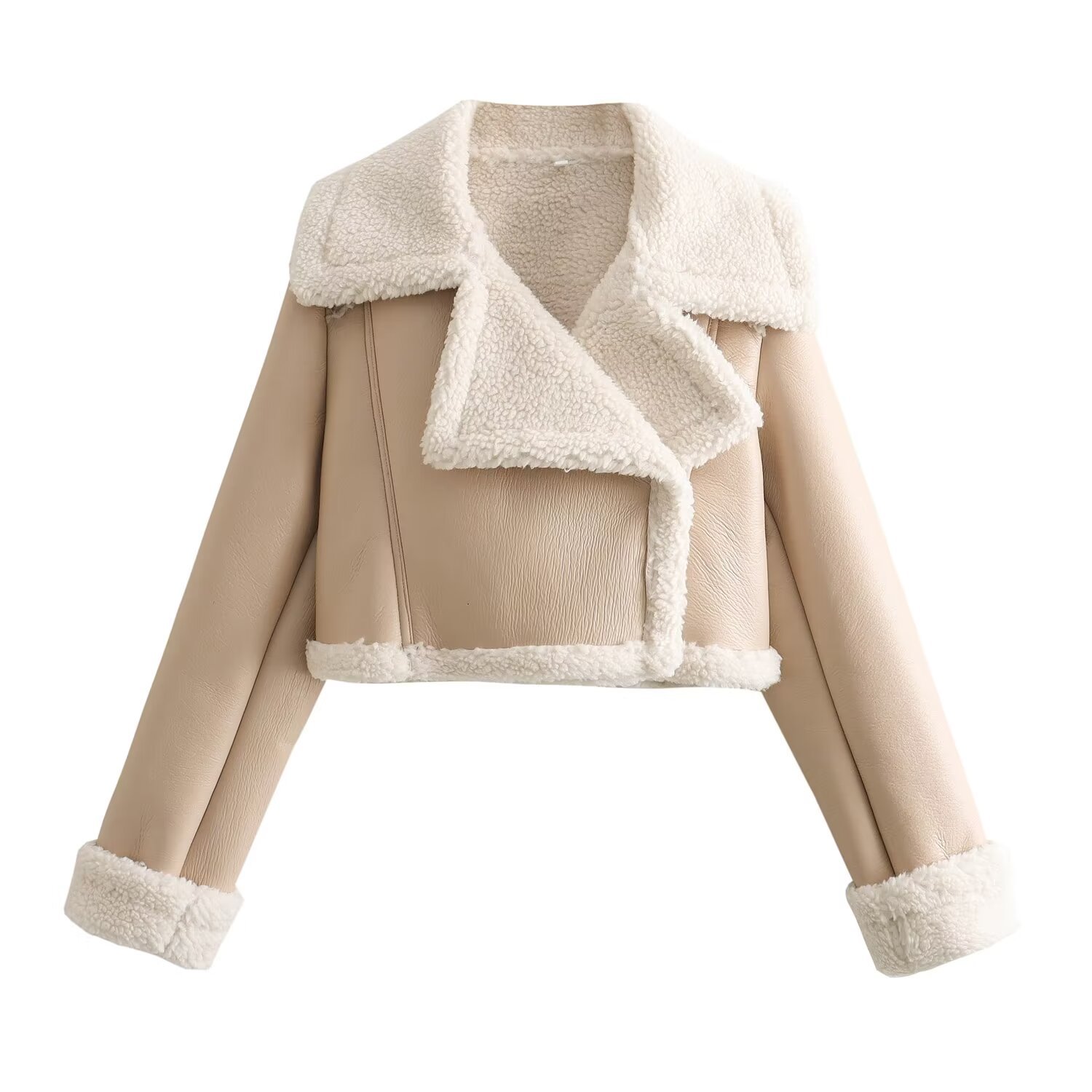 Picture of 2024 autumn and winter new European and American style double-sided loose short PU leather jacket zipper decoration fur one-piece leather jacket
