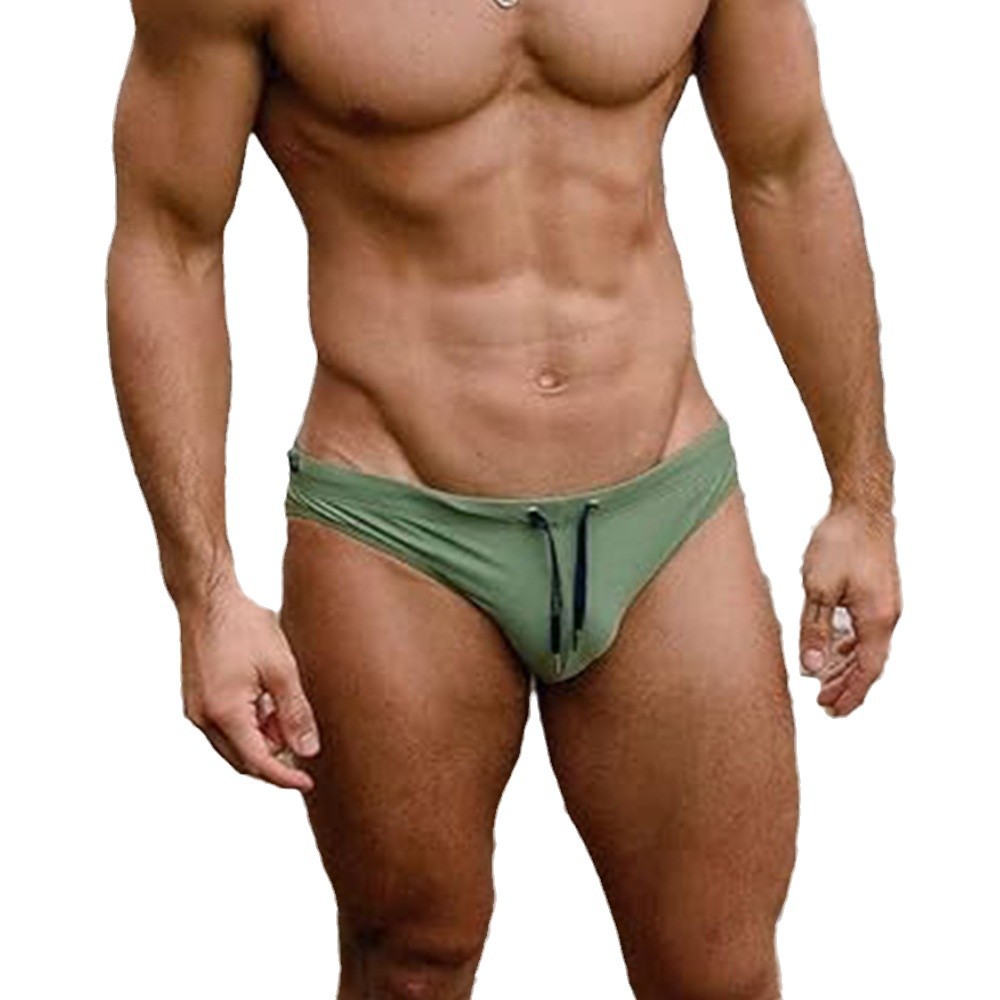 2025 New Men's Triangle Solid Color Lace-up Drawstring Sexy Swimming Sports Beach Pants Tight Swimming Trunks