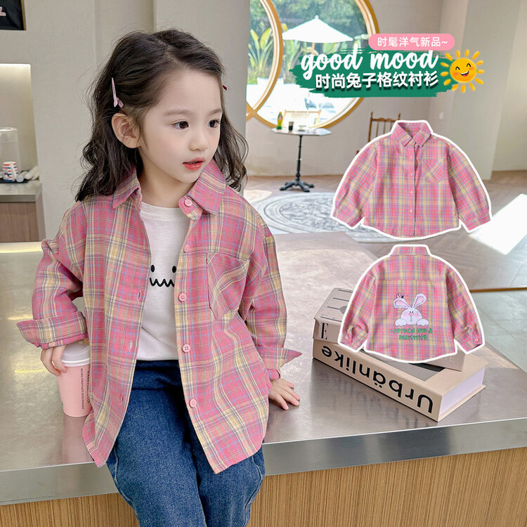 Picture of Autumn new children's pink plaid long sleeve shirt girls casual cartoon rabbit shirt top