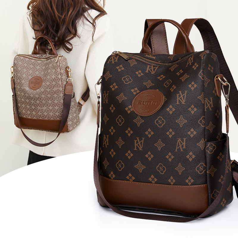 Picture of Backpack Women's Korean Style New Printed Retro Fashion Soft Leather Bag Large Capacity Work Travel Backpack Trendy