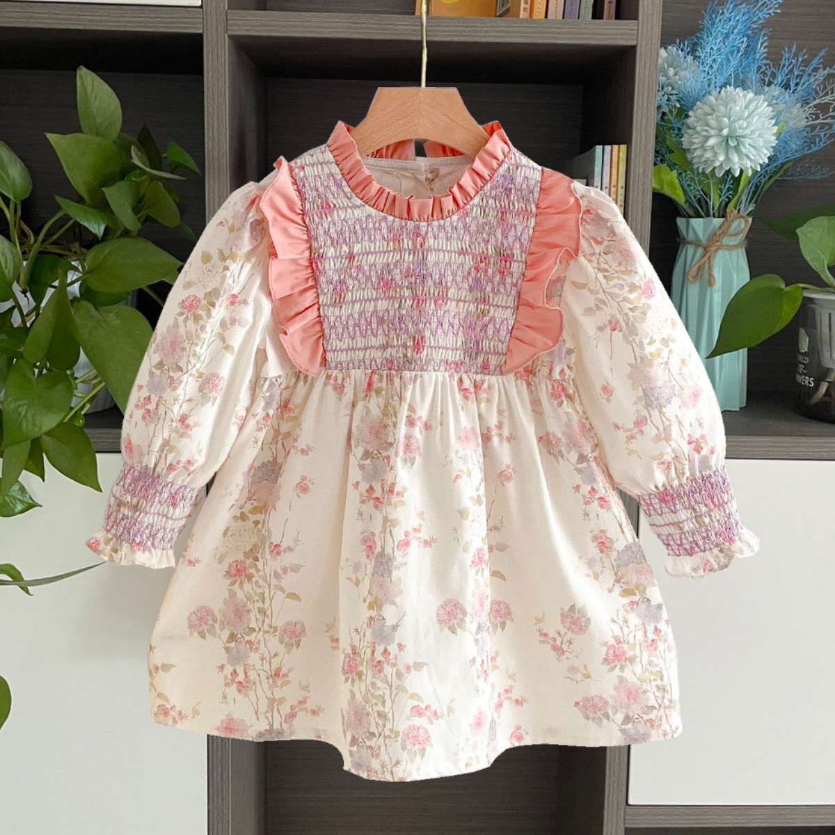 French retro cable stand collar girls dress 2025 spring new long sleeve floral children's princess dress