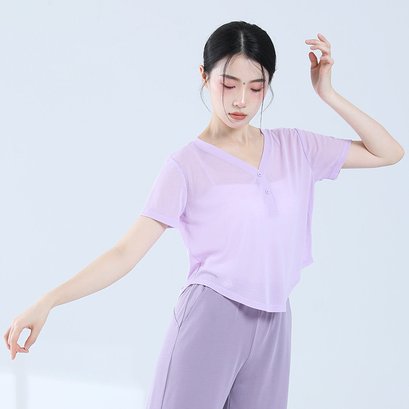 Picture of Thin V Neck Yoga Wear, Long-Sleeved Short Style, Loose-Fitting Outdoor Fitness Top, Breathable Daily Sports Blouse