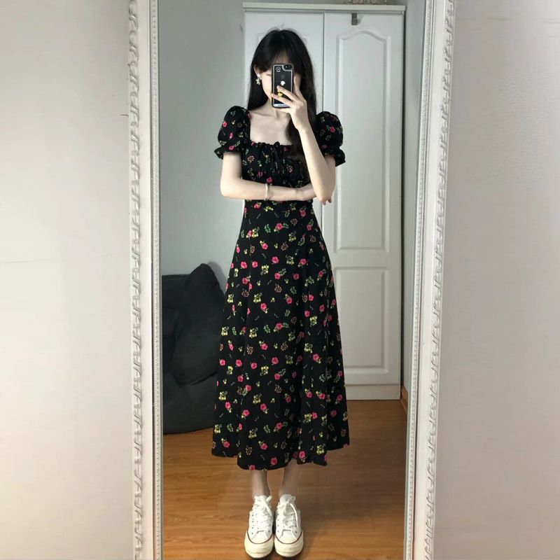 2024 French Retro Square Collar Puff Sleeve Split Over-the-Knee Long Dress Women's Black Floral dress Women's Summer New Arrival