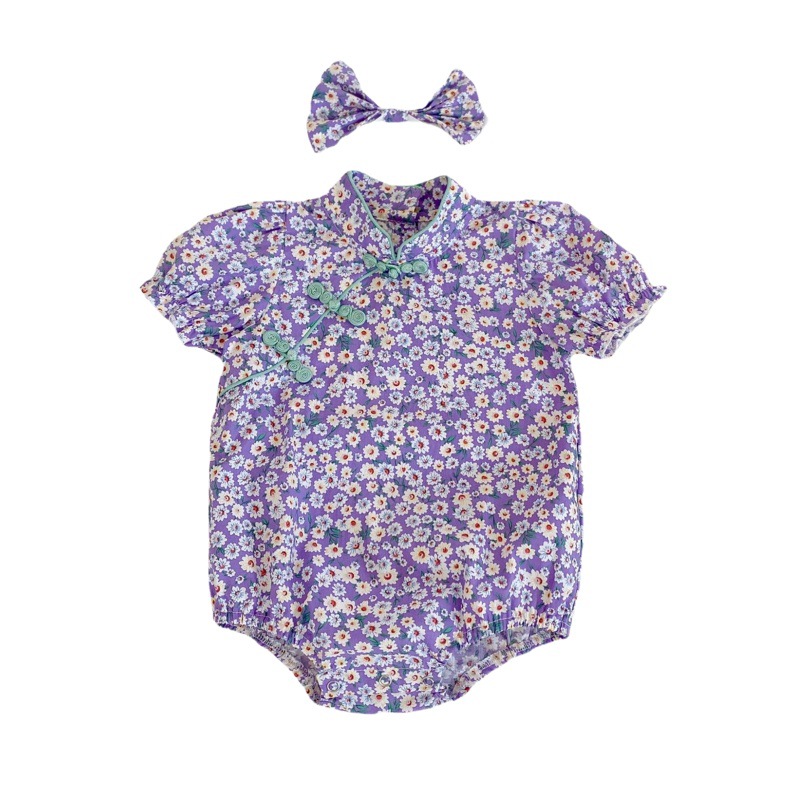 2025 Summer Short-Sleeved Floral Infant and Toddler One-Piece Romper for Baby Girl Chinese Style Robes with Hairband