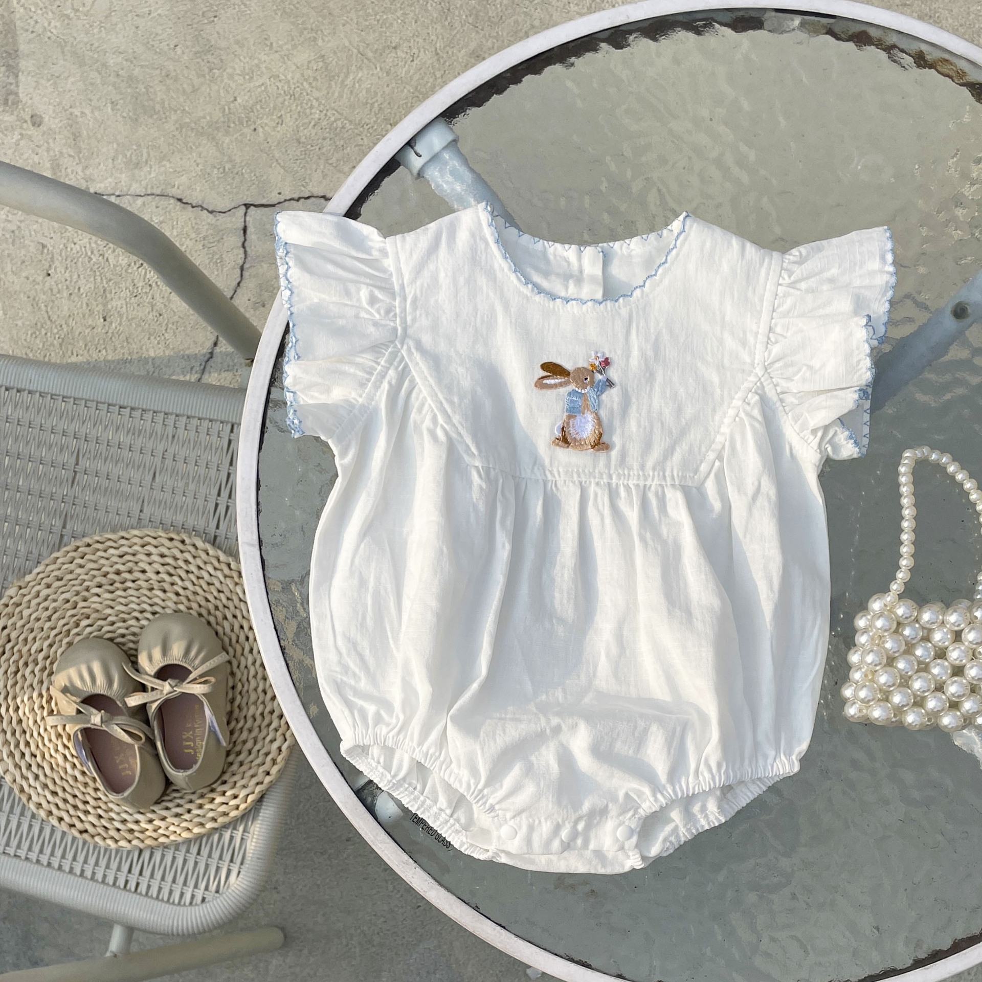 Picture of Baby Summer New Baby Girl Bunny Embroidered Bag Fart Clothing Full Moon Hundred Days Clothing Flying Sleeves Princess Crawling Clothing Thin Section