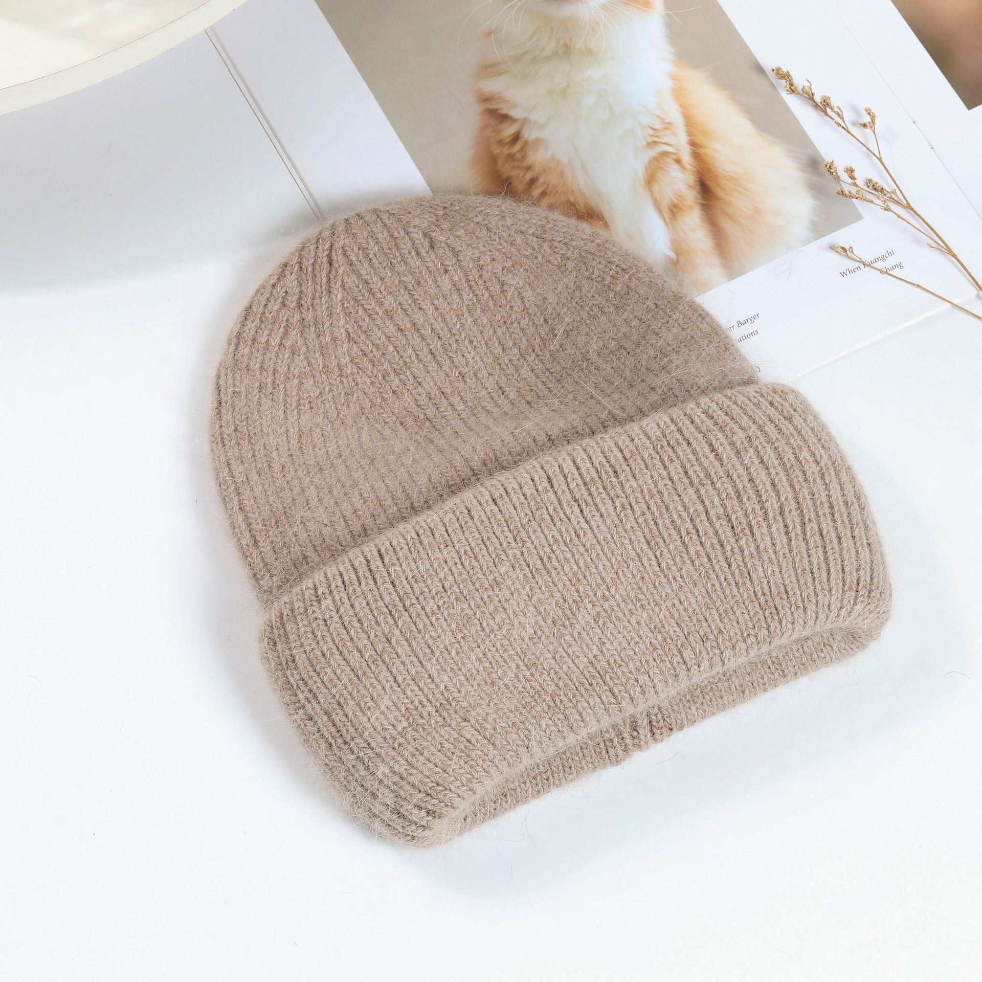 Picture of Korean Winter Knitted Hat with Large Brim for Women, Windproof Pullover Round-Top Adult Rabbit Fur Wool Hat