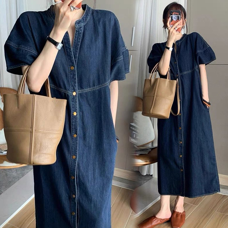 French Retro Casual Washed Denim Dress for Women Summer 2025 Pear-Shaped Figure Slimming Look Elegant Western Style Skirt