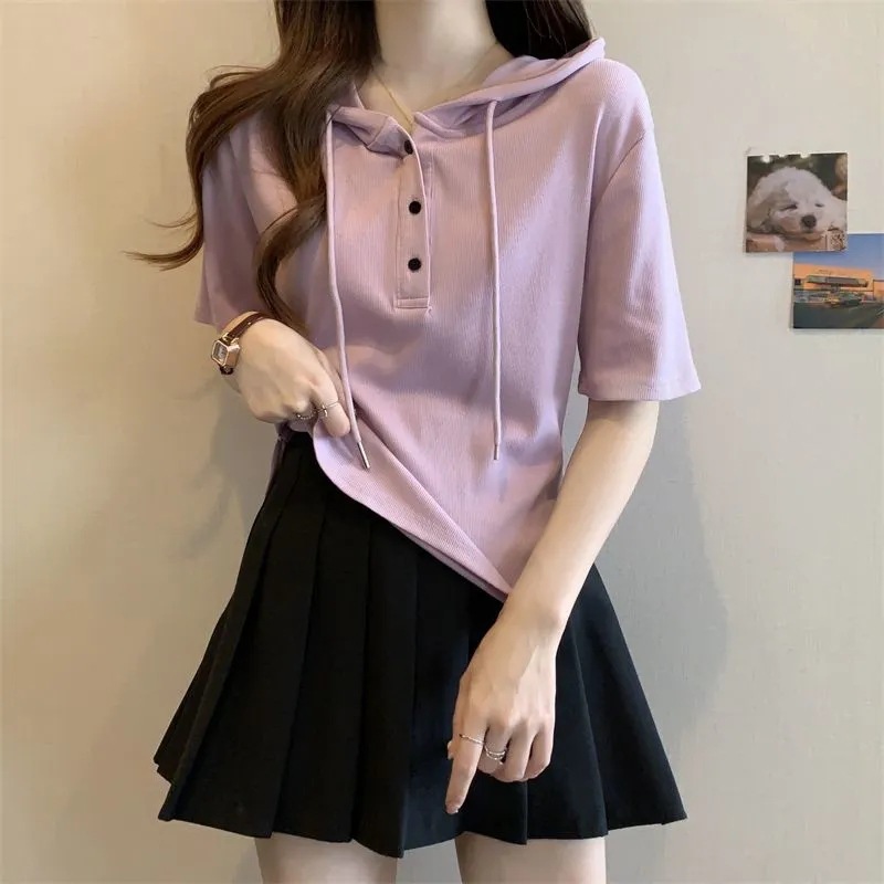 High-end Summer 2024 Korean New Hooded Short-sleeved T-shirt Women's Slimming Belly-covering Casual Top Women's Base Shirt Trendy