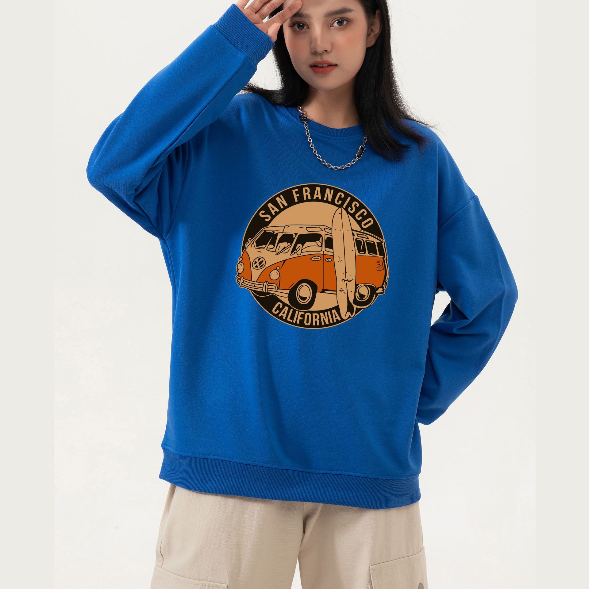 2022 autumn new women's round neck loose drop shoulder long sleeve retro car round neck long sleeve pullover sweater