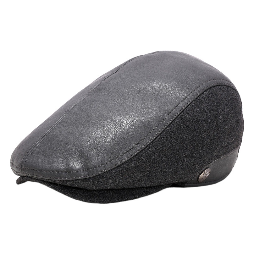 2024 Autumn and Winter Hats New Wool Beret Forward Hat Ear Protection Leather Hat European and American Style Old Man Beret in Stock