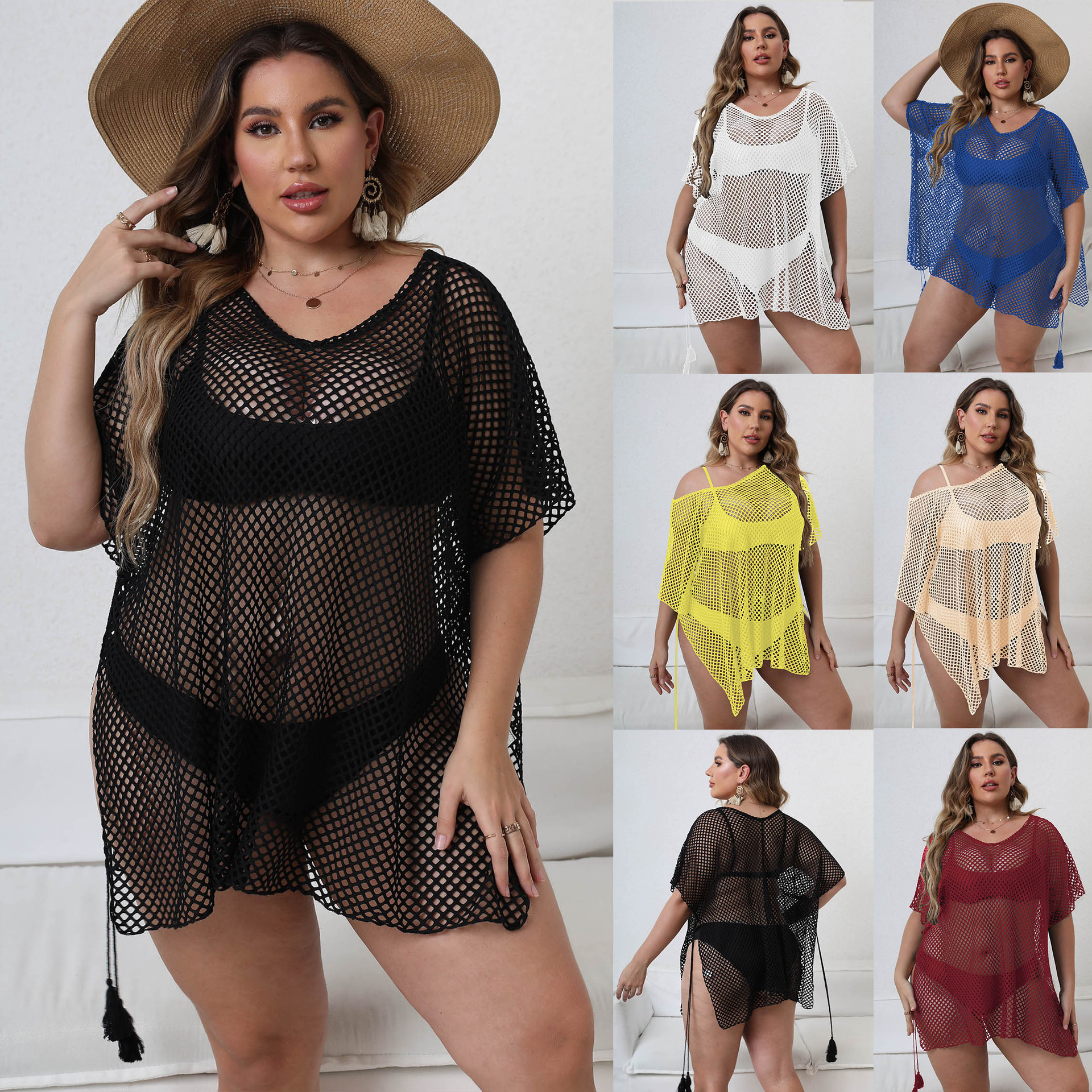 Plus size women's mesh beach blouse cross-border European and American loose irregular sexy perspective dress F787