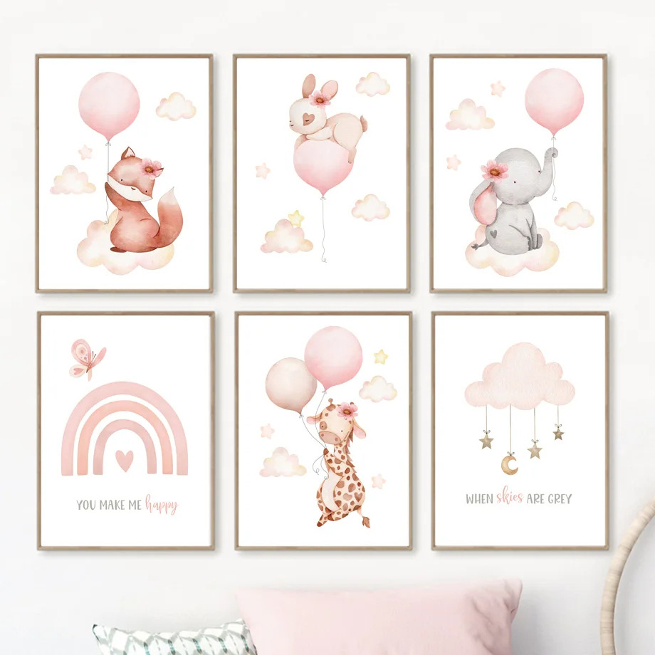 Pink cartoon animal watercolor weather rainbow balloon rabbit elephant girl bedroom decorative painting core canvas painting