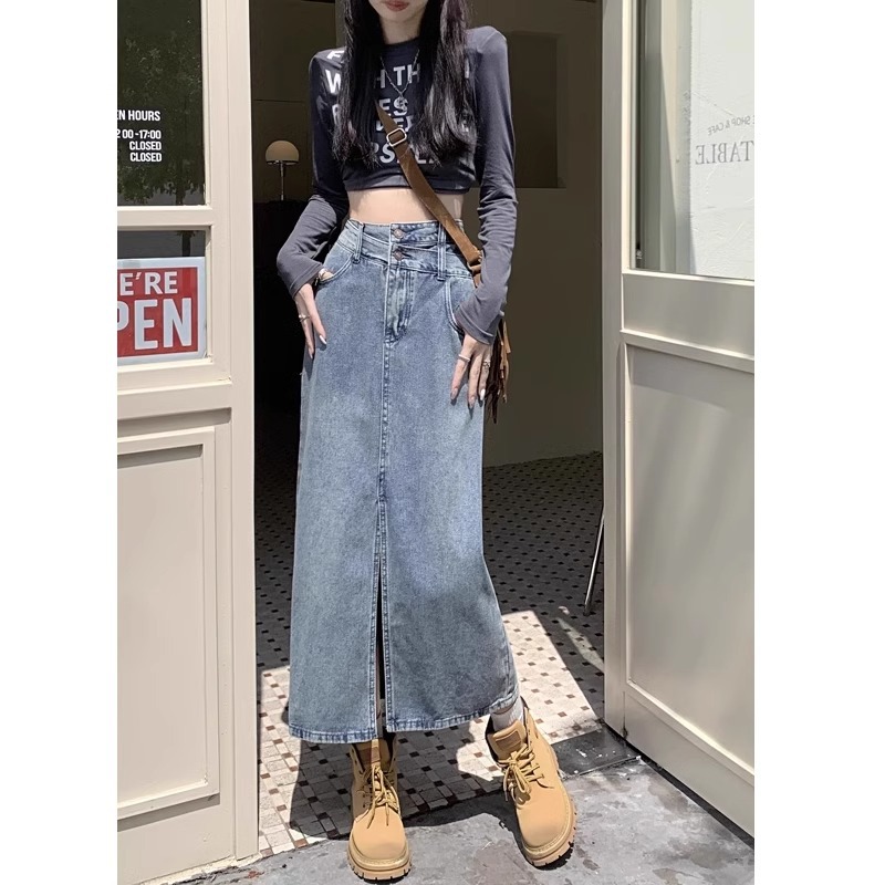 Vintage Split Denim Skirt Women's Early Spring 2024 New High Waist Slimming All-match A- word Mid-length Hip Skirt