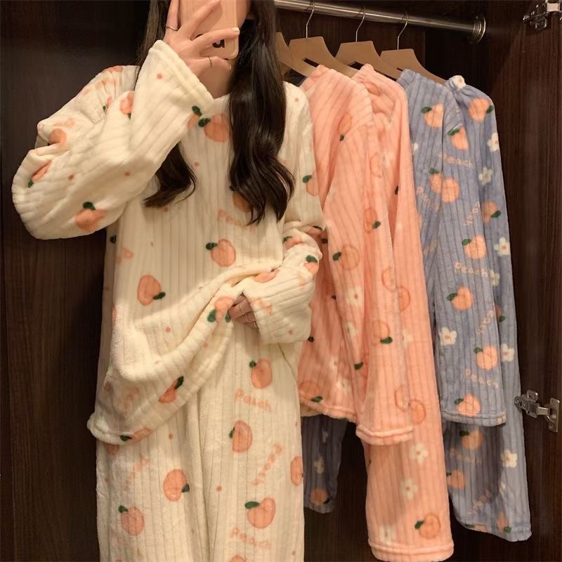 Peach Printed Warm Suit Autumn and Winter Thickened Pajamas Coral Fleece Cute Fairy Warm Home Suit