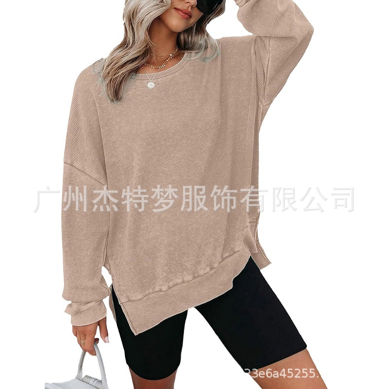 Picture of 2025 European and American Cross-Border Women's Clothing Amazon Autum New Round Neck Long-Sleeved Side Slit Waffle Sweatshirt T-Shirt for Women