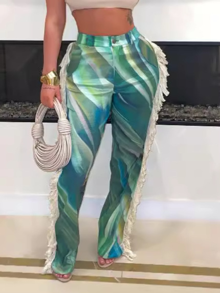 Amazon Hot Selling European and American Women's Fashion Women's Printed Tassel Straight Casual Pants Cross-border E-commerce Women's Pants