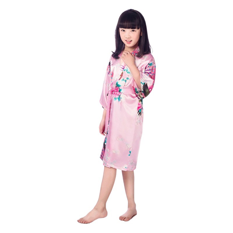 Clearance Cross-Border Girls' Printed Peacock and Peony Long Nightgown Bathrobe Summer Thin Children's Home Cardigan Robe