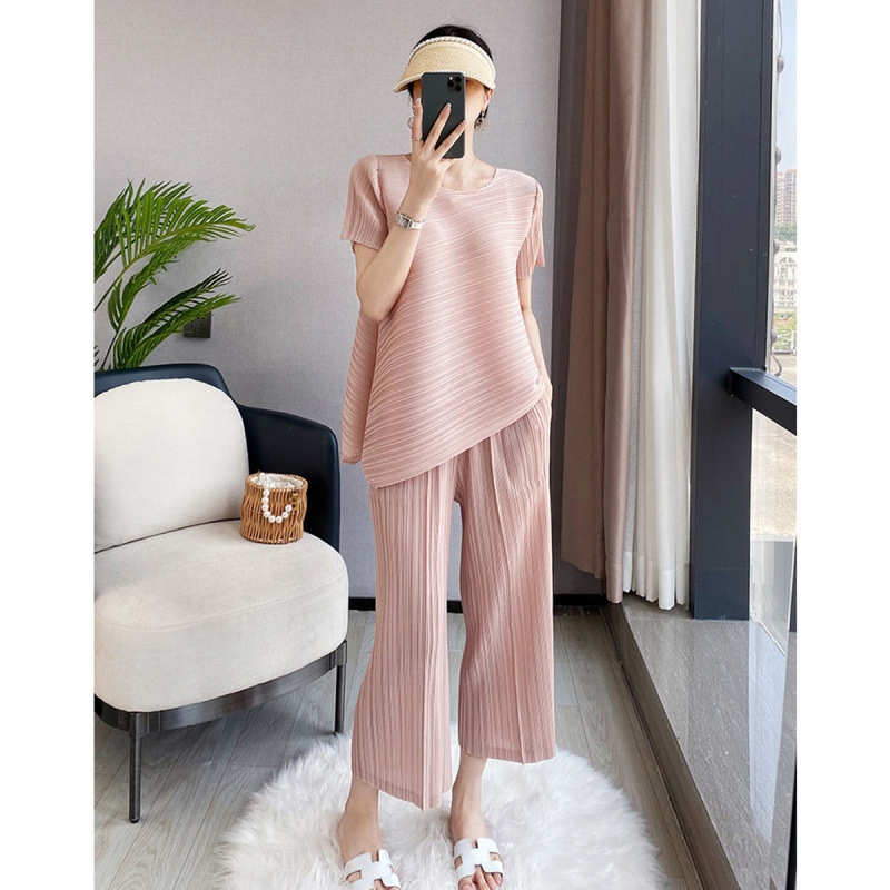 Quality Inspection Officer Figure Pleated Fashion Casual suit Women's Summer New Irregular Top Loose Wide-leg Pants Two-piece Set