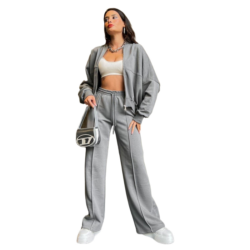Picture of 211348 autumn and winter new cross-border European and American solid color zipper cardigan sweater women's fashion casual straight pants suit