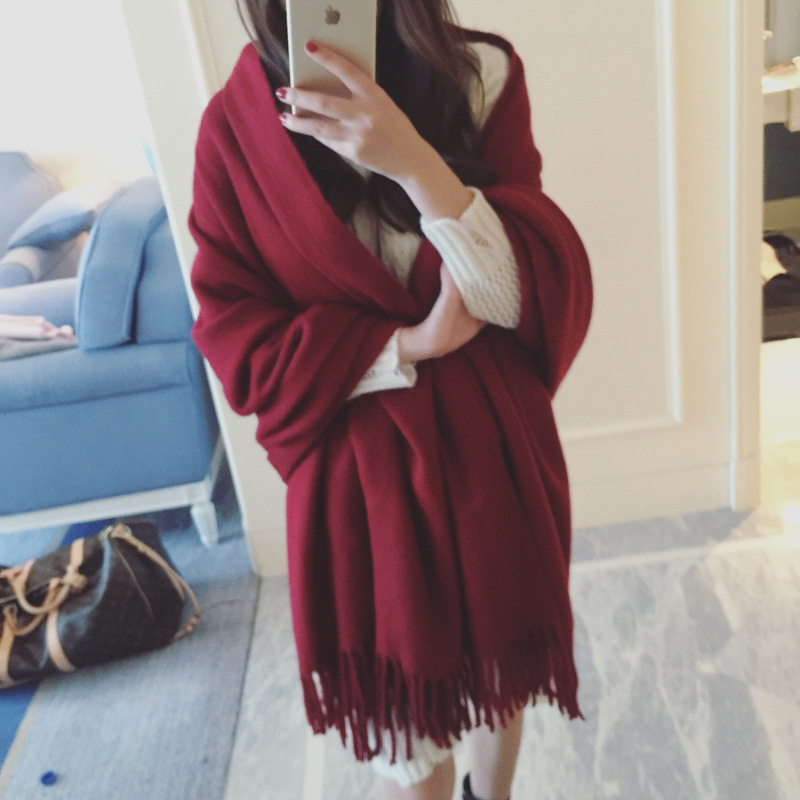 Autumn and Winter Qinghai Xizang Tourism Dual-purpose Large Shawl Winter Vintage Wine Red Black Warm Thickened All-match Scarf Women