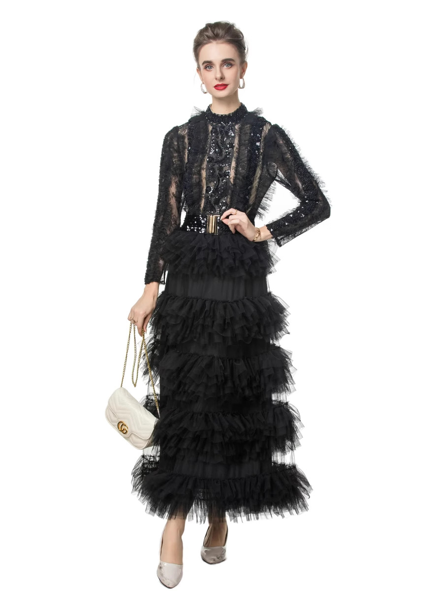 Spring 2025 New Women's Wear Heavy Industry Beads Pure Desire Lace dress Hollow Mesh dress